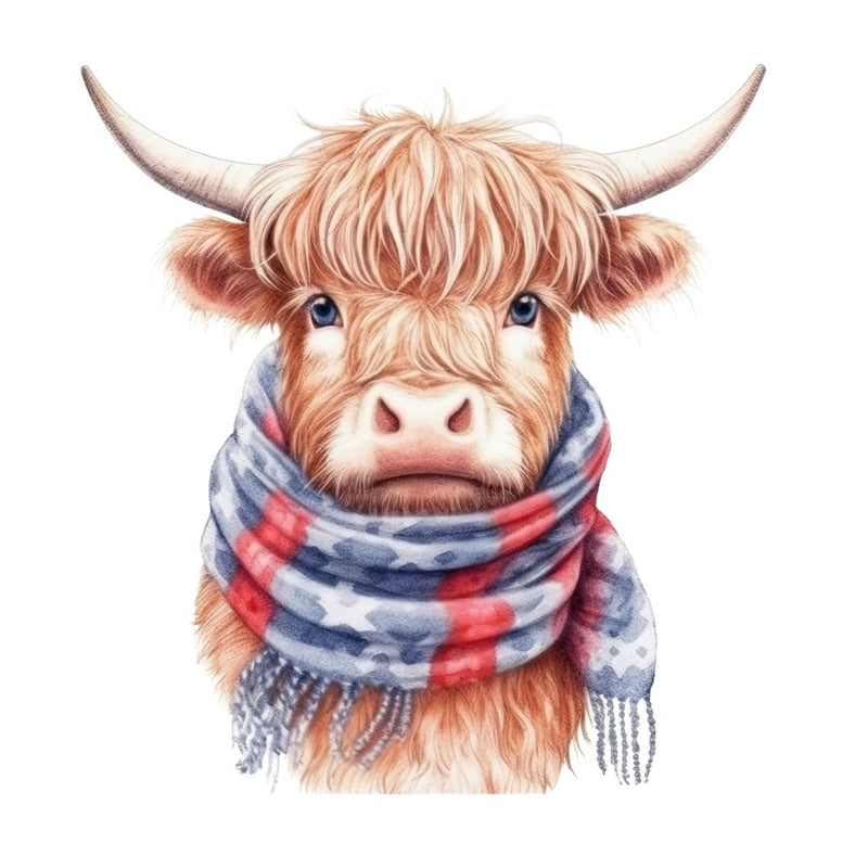 Highland Cow In A Patriotic Scarf 4 Fabric Panel - ineedfabric.com