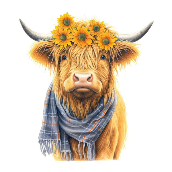 Highland Cow, Scarf, & Flowers 1 Fabric Panel - ineedfabric.com