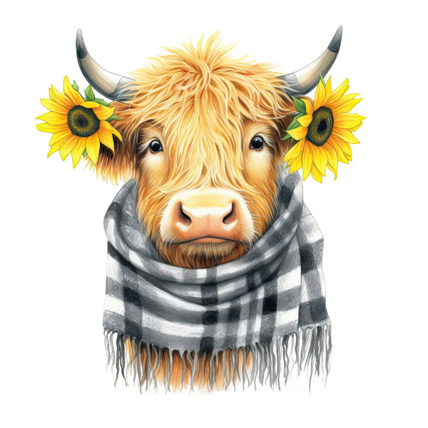 Highland Cow, Scarf, & Flowers 11 Fabric Panel - ineedfabric.com