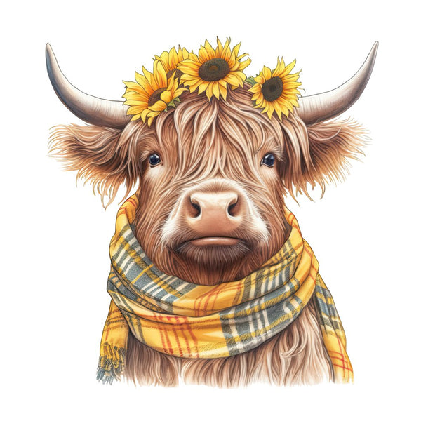 Highland Cow, Scarf, & Flowers 2 Fabric Panel - ineedfabric.com