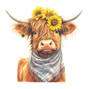 Highland Cow, Scarf, & Flowers 3 Fabric Panel - ineedfabric.com