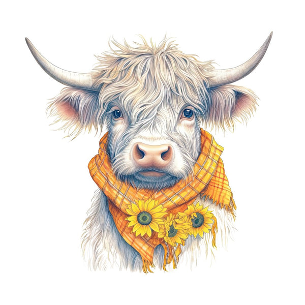 Highland Cow, Scarf, & Flowers 4 Fabric Panel - ineedfabric.com