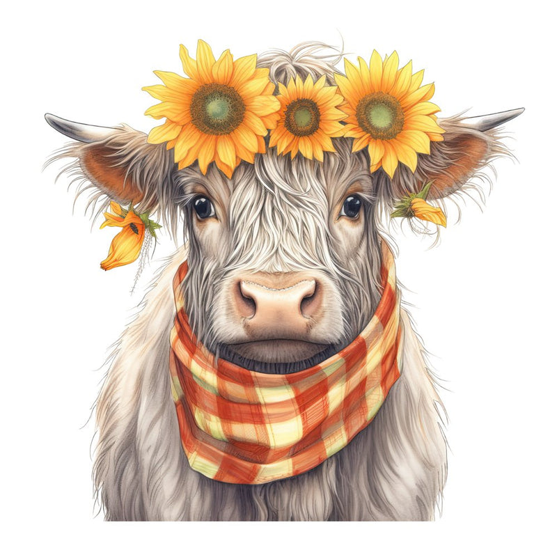 Highland Cow, Scarf, & Flowers 6 Fabric Panel - ineedfabric.com