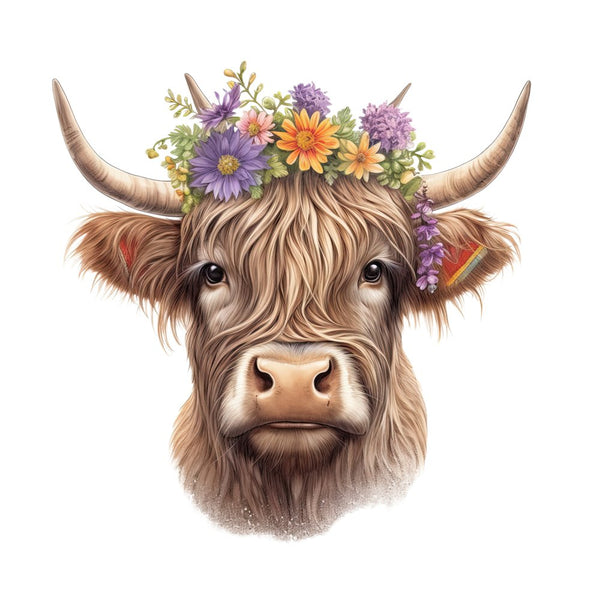 Highland Cow With Flower Crown 1 Fabric Panel - ineedfabric.com