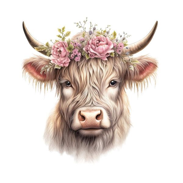 Highland Cow With Flower Crown 3 Fabric Panel - ineedfabric.com