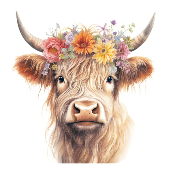 Highland Cow With Flower Crown 4 Fabric Panel - ineedfabric.com