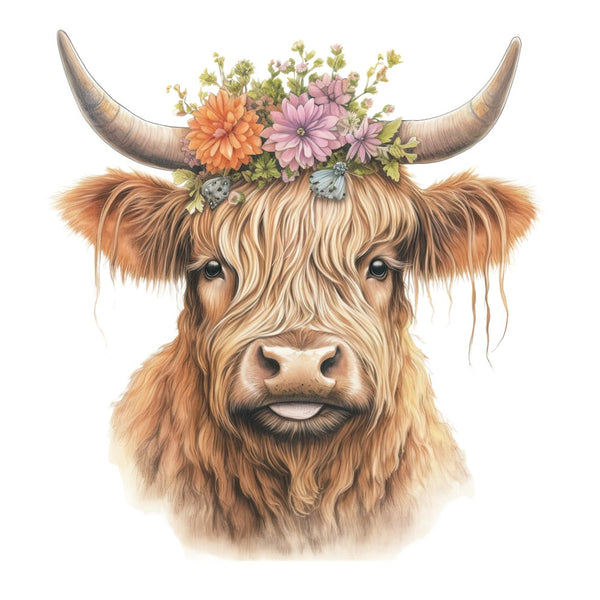 Highland Cow With Flower Crown 5 Fabric Panel - ineedfabric.com