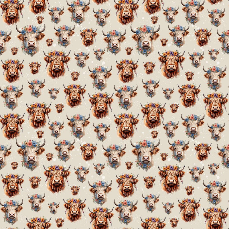 Highland Cows & Flower Crowns Fabric - Tan - ineedfabric.com