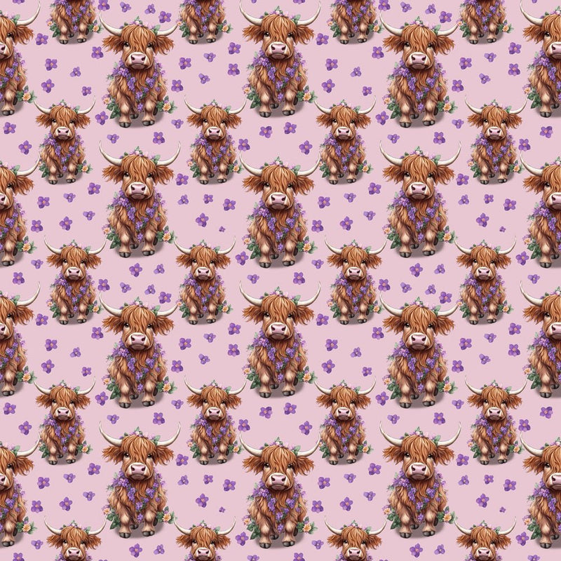 Highland Cows & Flower Necklaces Fabric - Pink - ineedfabric.com