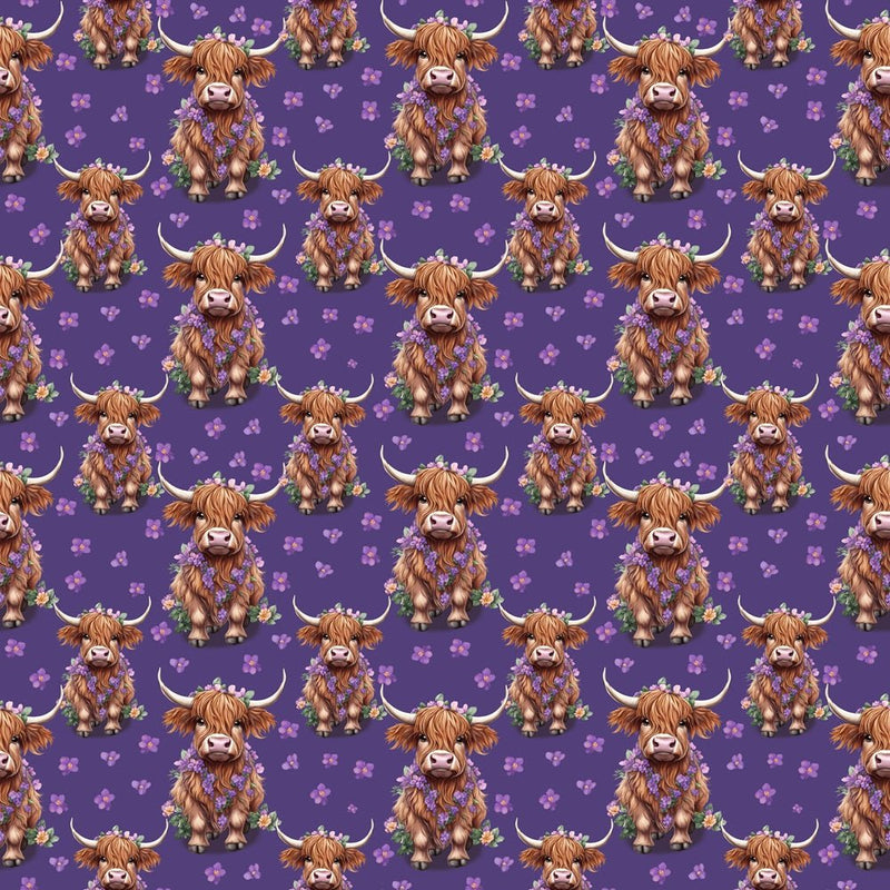 Highland Cows & Flower Necklaces Fabric -Purple - ineedfabric.com