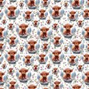 Highland Cows & Flowers In Globe Fabric - White - ineedfabric.com