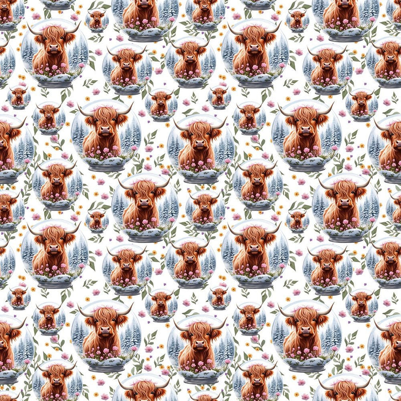 Highland Cows & Flowers In Globe Fabric - White - ineedfabric.com