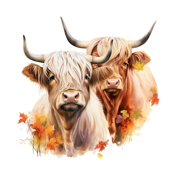 Highland Cows in Autumn Portrait 3 Fabric Panel - ineedfabric.com