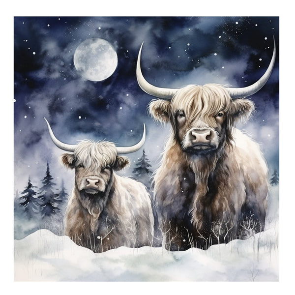 Highland Cows In The Moonlight 1 Fabric Panel - ineedfabric.com