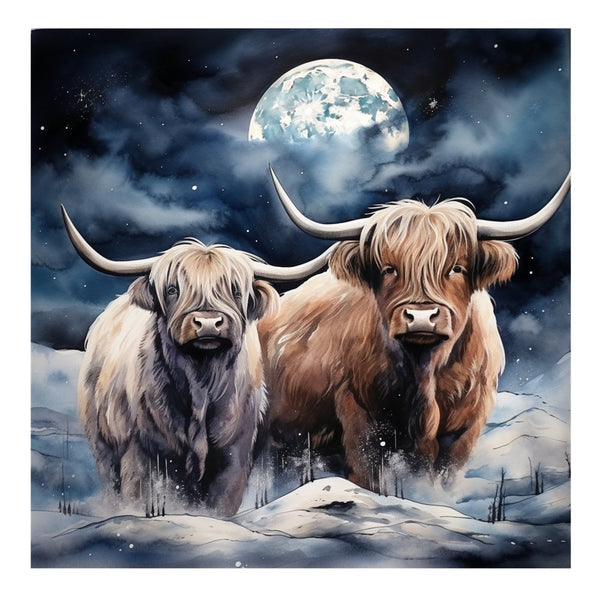 Highland Cows In The Moonlight 2 Fabric Panel - ineedfabric.com