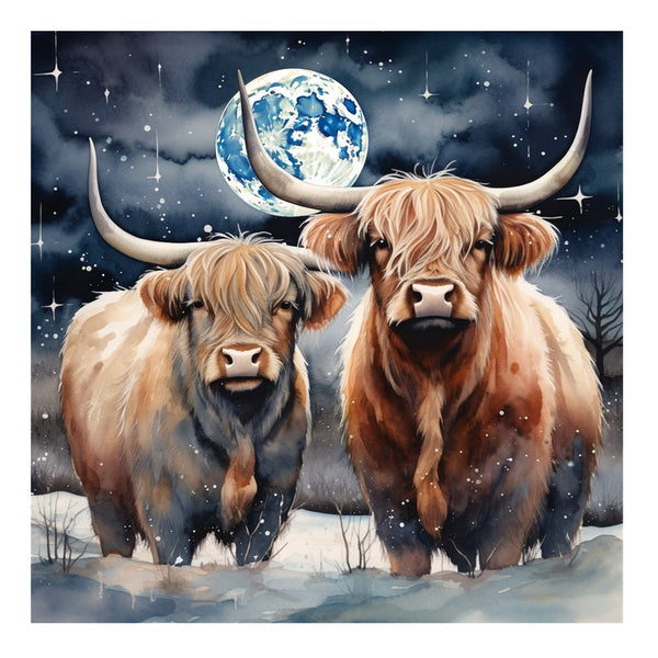 Highland Cows In The Moonlight 3 Fabric Panel - ineedfabric.com