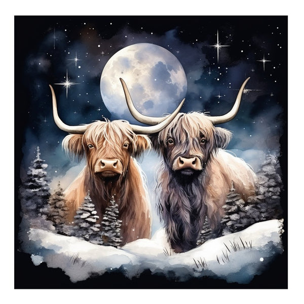 Highland Cows In The Moonlight 4 Fabric Panel - ineedfabric.com