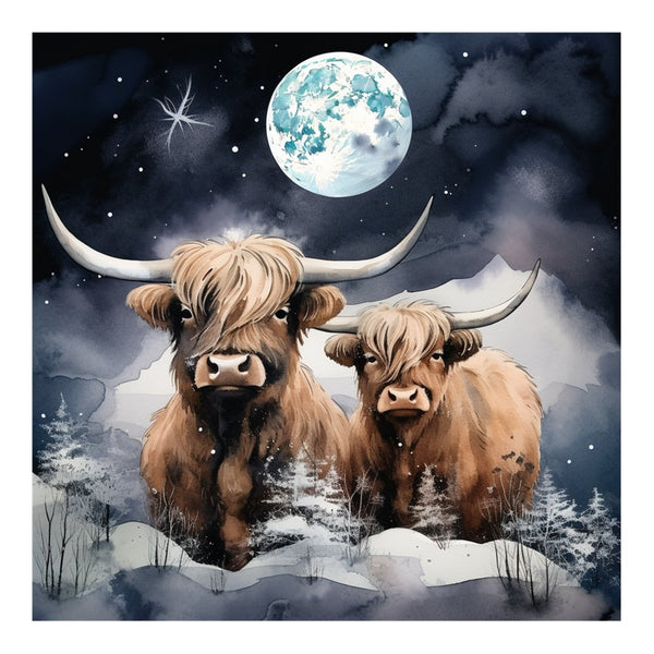 Highland Cows In The Moonlight 6 Fabric Panel - ineedfabric.com
