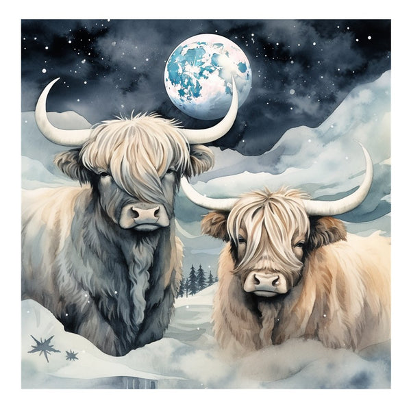 Highland Cows In The Moonlight 7 Fabric Panel - ineedfabric.com