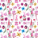 Holiday Gnomes, Gnome And Flowers Fabric - White - ineedfabric.com