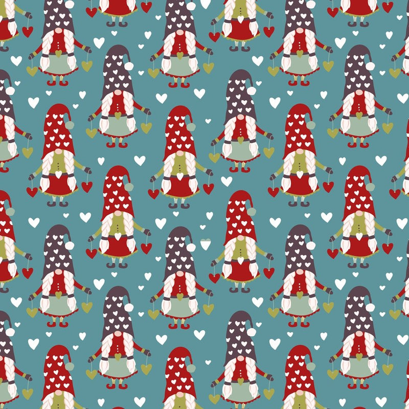 Holiday Gnomes, Hearts & Elf - Teal - ineedfabric.com