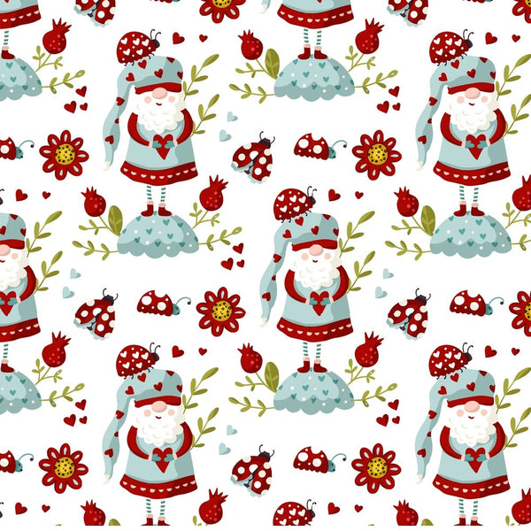 Holiday Gnomes, Ladybugs & Flowers - Red - ineedfabric.com