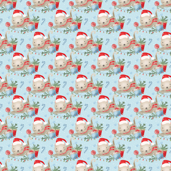 Holly Jolly Kitty Cat Fabric - Blue - ineedfabric.com