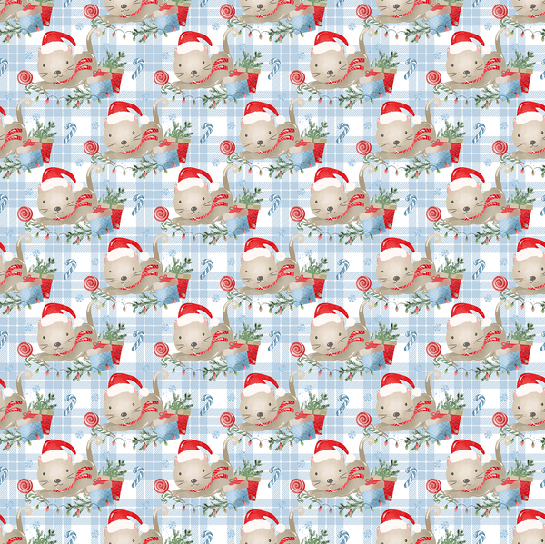 Holly Jolly Kitty Cat Plaid Fabric - Blue - ineedfabric.com