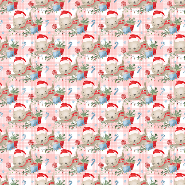 Holly Jolly Kitty Cat Plaid Fabric - Pink - ineedfabric.com