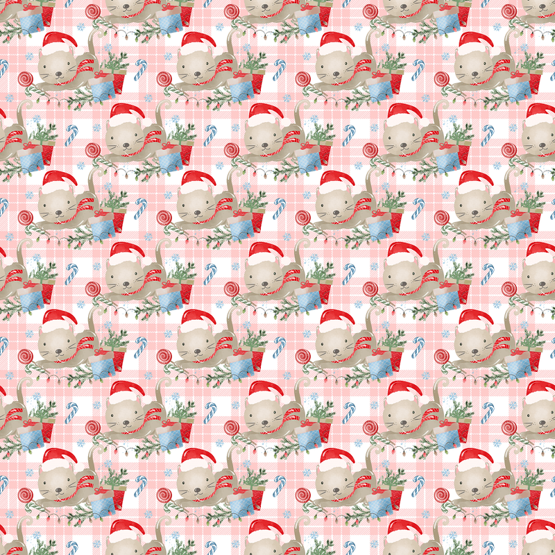 Holly Jolly Kitty Cat Plaid Fabric - Pink - ineedfabric.com