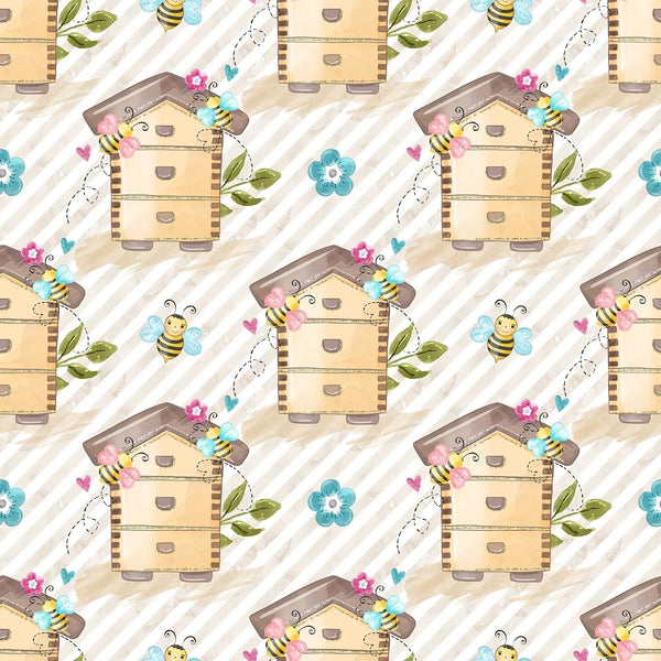 Honey Bee Colony & Stripes Fabric - White/Brown - ineedfabric.com
