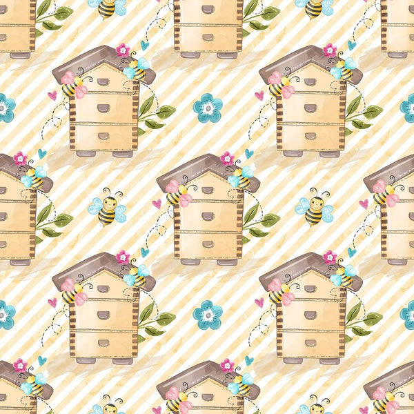 Honey Bee Colony & Stripes Fabric - White/Yellow - ineedfabric.com