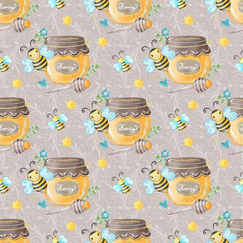 Honey Bee & Jar Fabric - Gray - ineedfabric.com