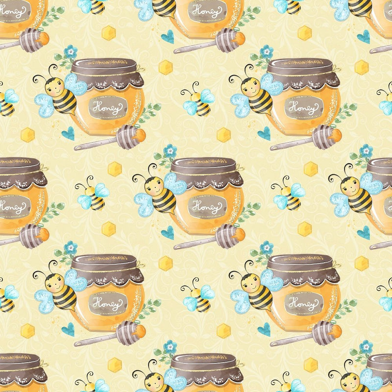 Honey Bee & Jar Fabric - Yellow - ineedfabric.com