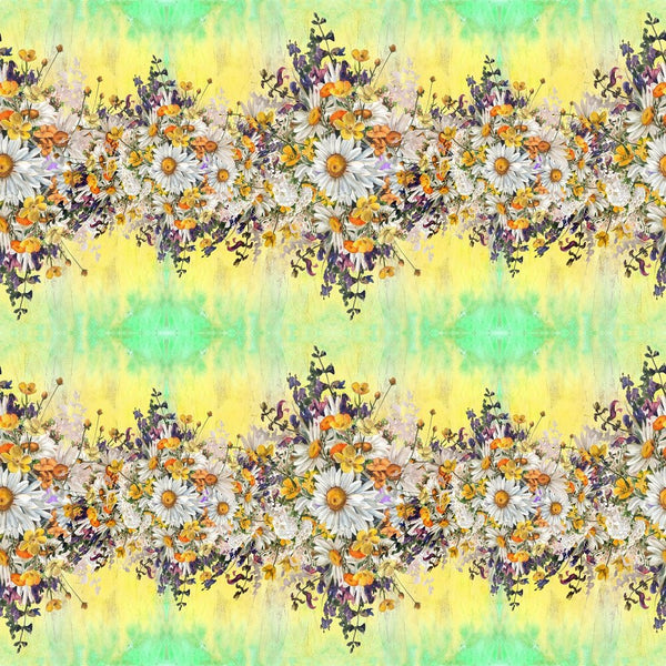 Horizontal Chamomile Flowers Border Fabric - Green/Yellow - ineedfabric.com