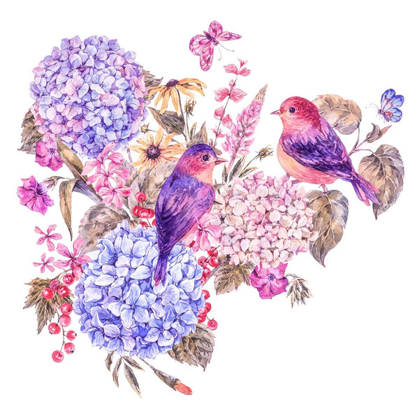 Hydrangea Bouquet With Birds Fabric Panel - Purple - ineedfabric.com