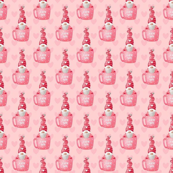 I Love You Gnomes in Mug Fabric - Pink - ineedfabric.com