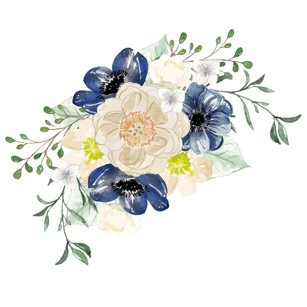 Indigo Blue Floral Bouquet Fabric Panel - ineedfabric.com