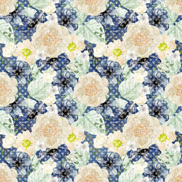 Indigo Blue Floral Bouquet on Dots Fabric - Blue - ineedfabric.com