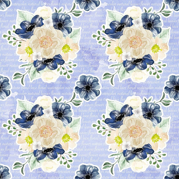 Indigo Blue Floral Bouquets on Text Fabric - Blue - ineedfabric.com