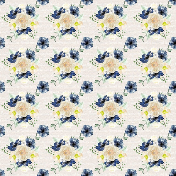 Indigo Blue Floral Bouquets on Text Fabric - Tan - ineedfabric.com