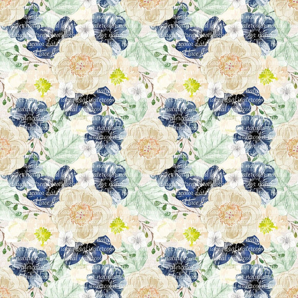 Indigo Blue Text on Floral Bouquets Fabric - Multi - ineedfabric.com