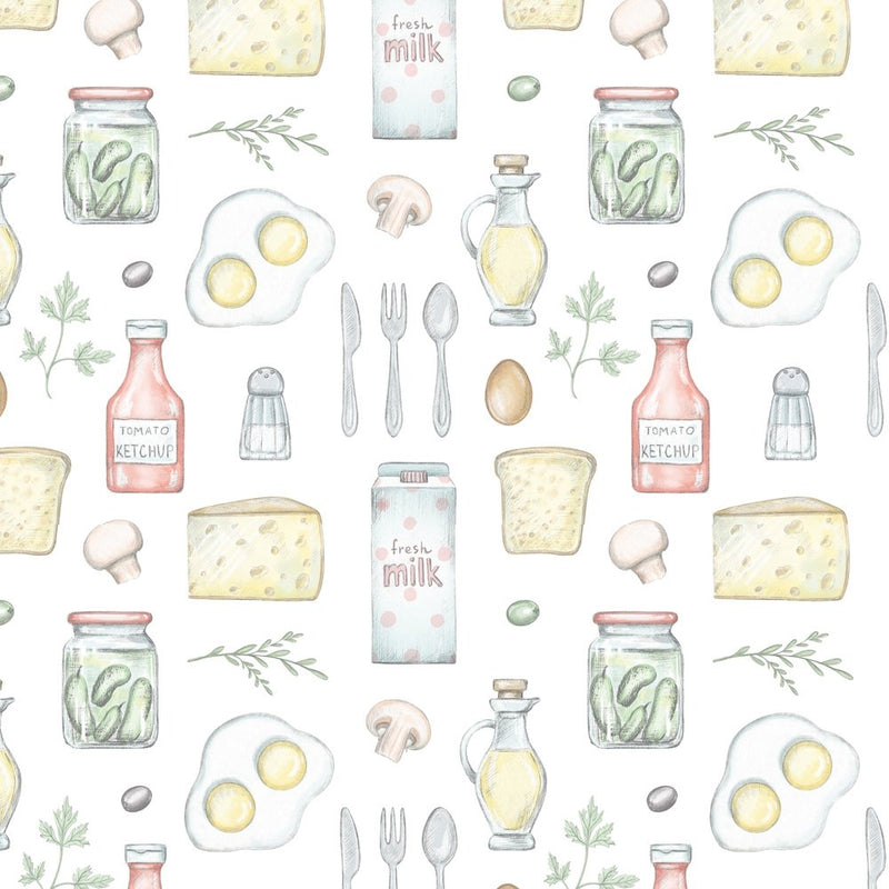 Ingredients In The Kitchen Fabric - White - ineedfabric.com