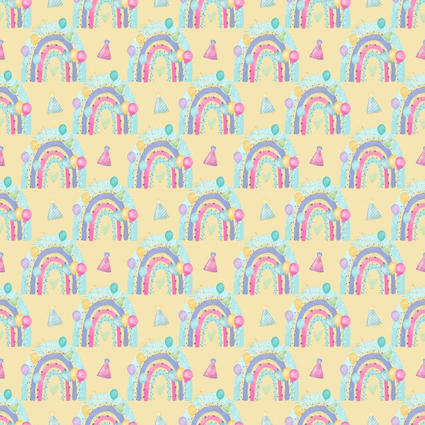 It's a Birthday Party Rainbows Fabric - Tan - ineedfabric.com