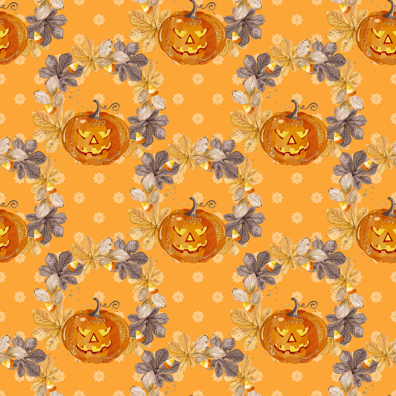 Jack-O-Lantern & Leaves Wreaths Fabric - Orange - ineedfabric.com