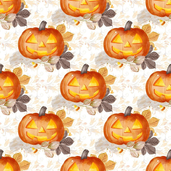 Jack-O-Lanterns on Florals Fabric - White - ineedfabric.com