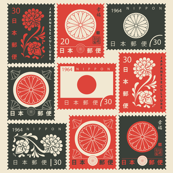 Japanese Chrysanthemum Postage Stamps Fabric Panel Variation 1 - ineedfabric.com