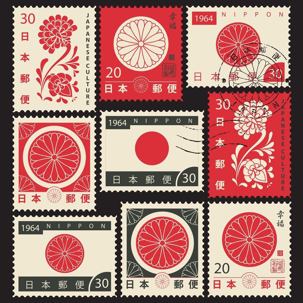 Fun Sewing Japanese Chrysanthemum Postage Stamps Fabric Panel Variation 2 4.5 Inches by 4.5 Inches