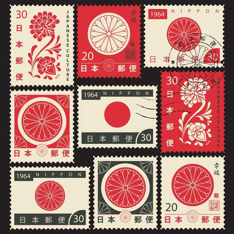 Japanese Chrysanthemum Postage Stamps Fabric Panel Variation 2 - ineedfabric.com