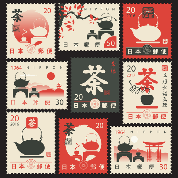 Japanese Tea Postage Stamps Fabric Panel - ineedfabric.com